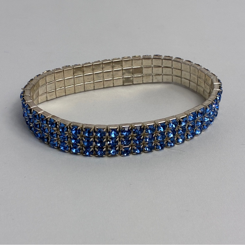 Blue Rhinestone Bracelet Three Row Expansion Band 7 Inch Stretchy - Picture 9 of 10